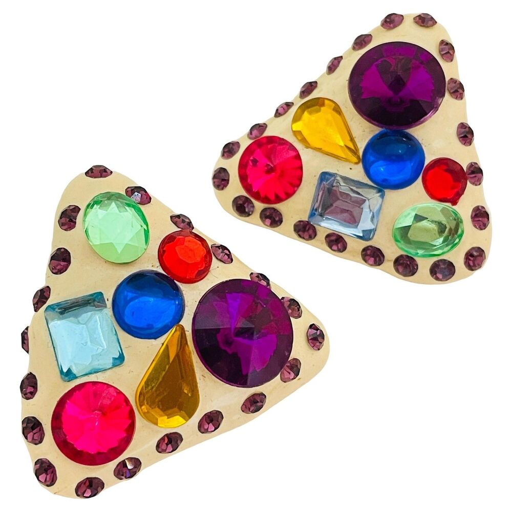 Vintage colorful geometric disco rhinestone designer runway clip on earrings
